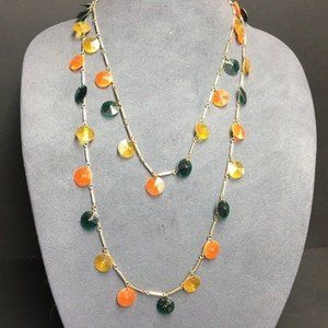 Faceted Hexagon Long Necklace As Is Green Yellow Orange Gold Bars Retro BoHo